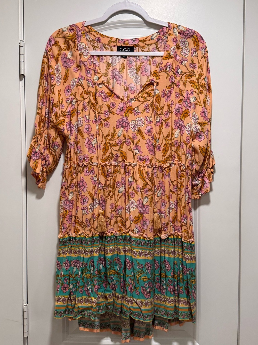 GiGIO Peach Floral Tiered Tunic with Teal Border Detail